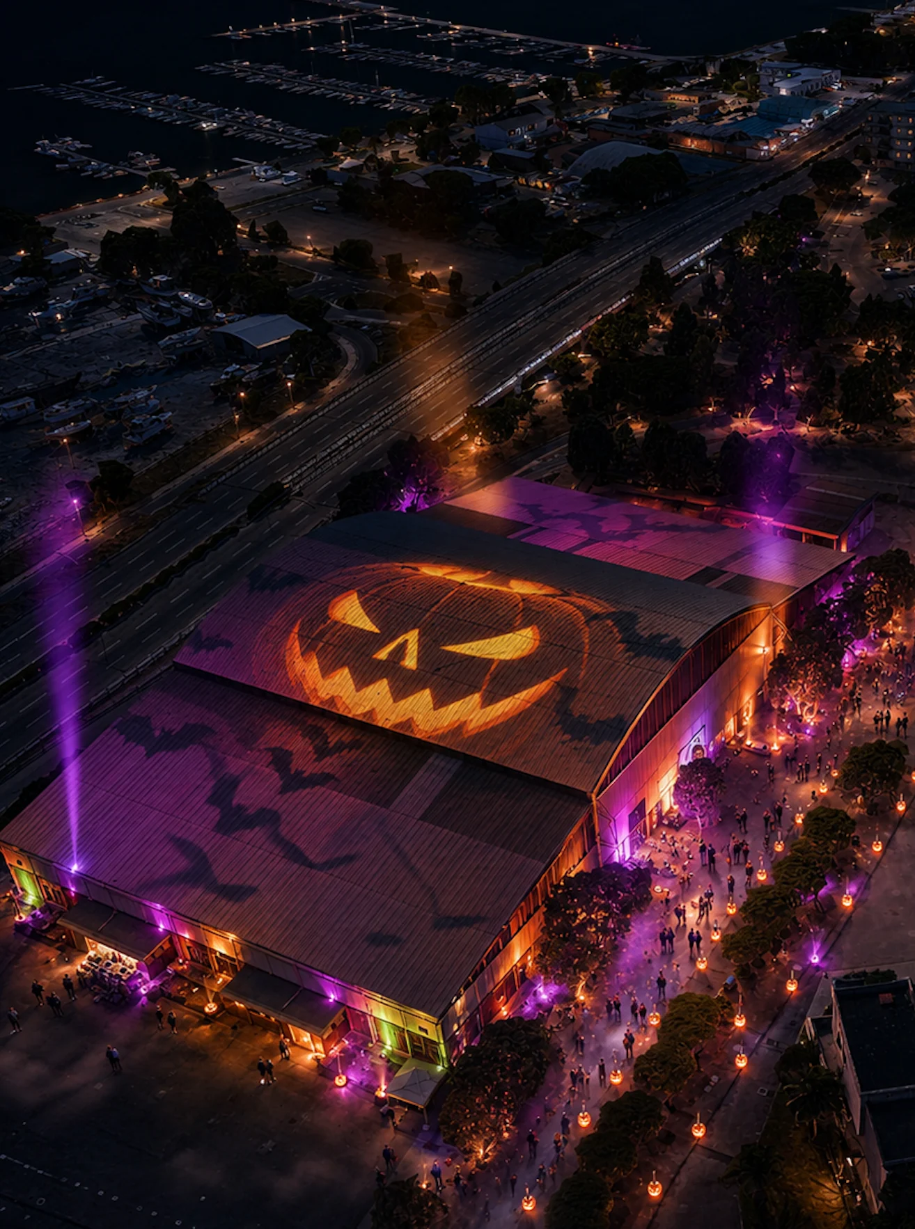 Veduta aerea notturna della Fiera di Cagliari allestita per Halloween Sardinia Festival